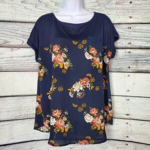 Mason & Belle Women’s Blouse XL Navy Blue Floral Print Short Sleeve Top